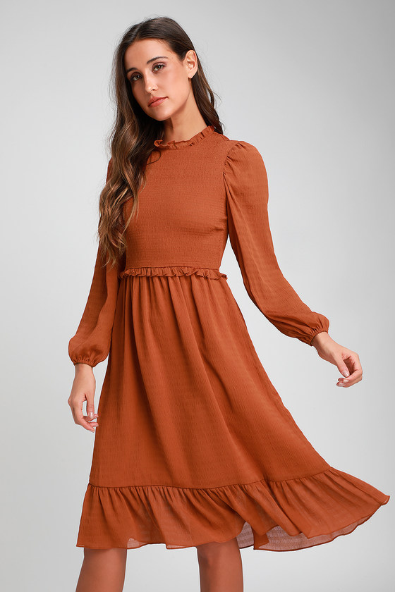 Rust Orange Midi Dress - Long Sleeve ...
